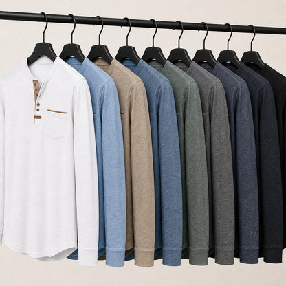Harbor long-sleeve Henley shirt color lineup in eight colors, full-canvas view