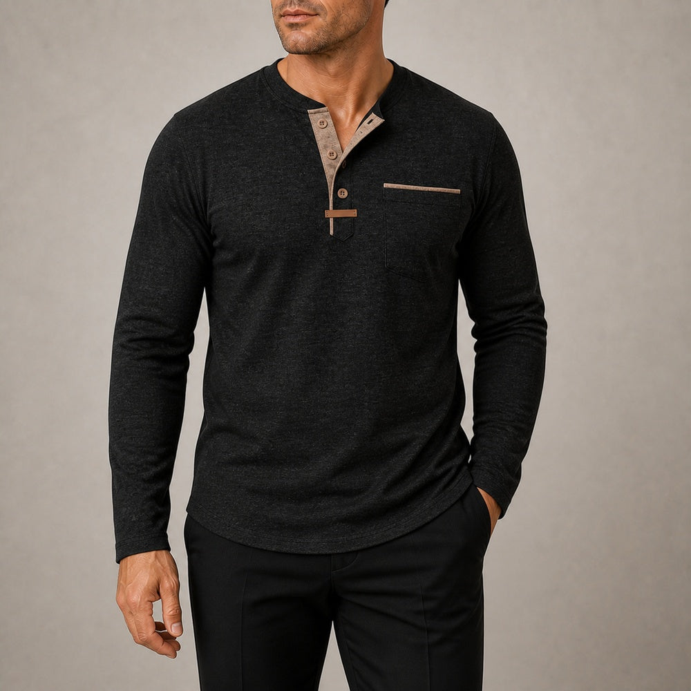 Harbor men's black contrast-trim long-sleeve Henley shirt on model, full-canvas view
