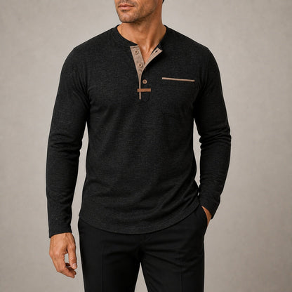 Harbor men's black contrast-trim long-sleeve Henley shirt on model, full-canvas view