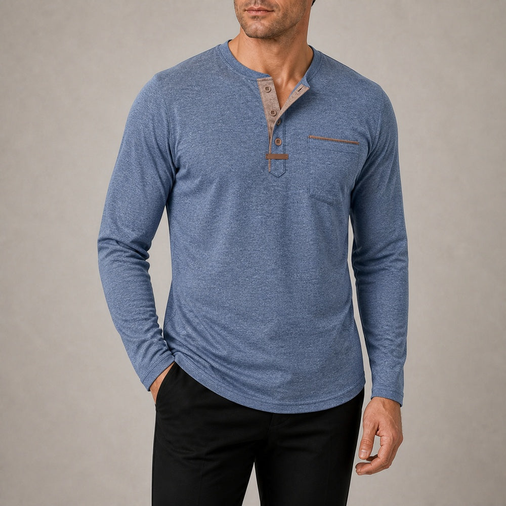 Harbor men's blue contrast-trim long-sleeve Henley shirt on model, full-canvas view