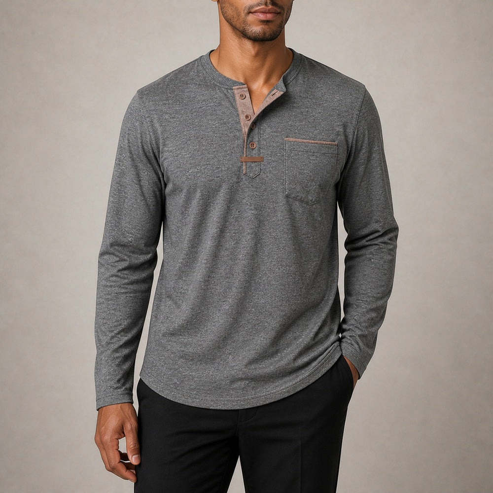 Harbor men's dark gray contrast-trim long-sleeve Henley shirt on model, full-canvas view