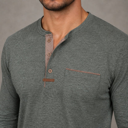 Harbor green Henley contrast placket and chest pocket detail, full-canvas view