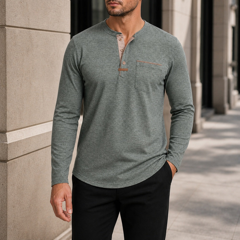 Harbor green Henley shirt styled with black trousers, full-canvas view