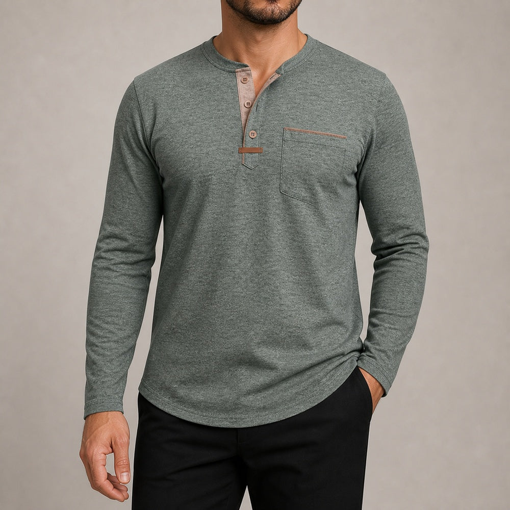 Harbor men's green contrast-trim long-sleeve Henley shirt on model, full-canvas view