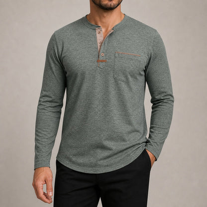 Harbor men's green contrast-trim long-sleeve Henley shirt on model, full-canvas view