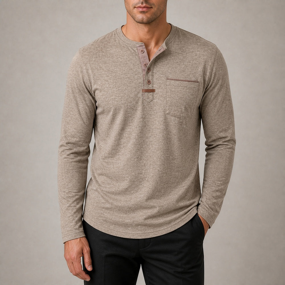 Harbor men's khaki contrast-trim long-sleeve Henley shirt on model, full-canvas view