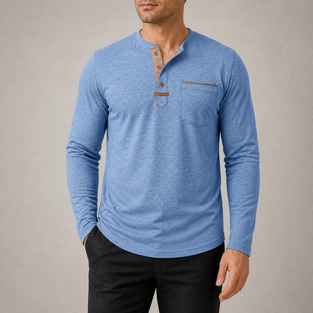 Harbor men's light blue contrast-trim long-sleeve Henley shirt on model, full-canvas view