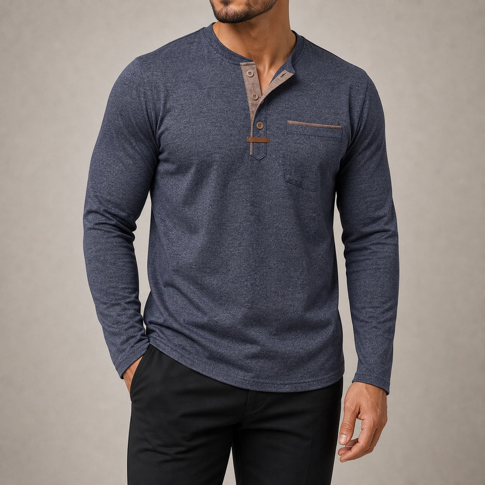 Harbor men's navy contrast-trim long-sleeve Henley shirt on model, full-canvas view