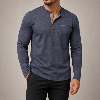 Harbor men's navy contrast-trim long-sleeve Henley shirt on model, full-canvas view