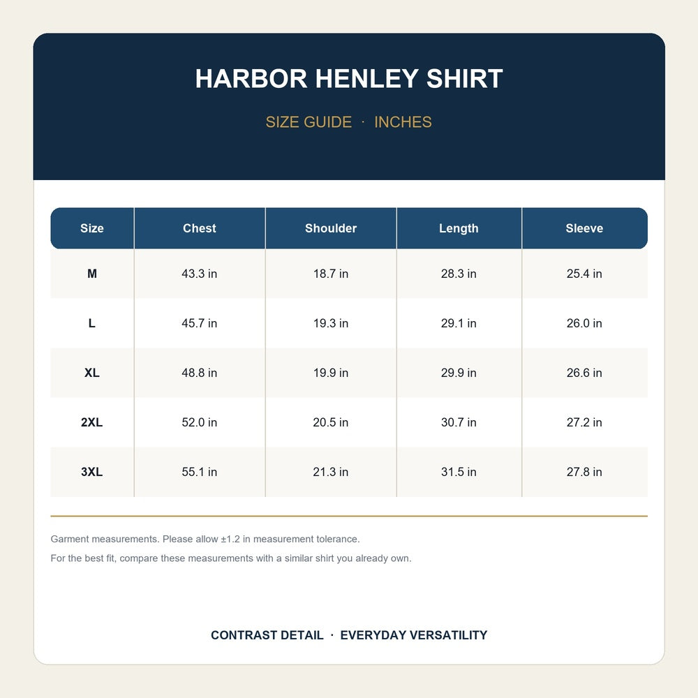 Harbor men's Henley shirt size guide in inches, 1000 by 1000 pixels