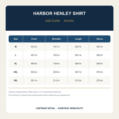 Harbor men's Henley shirt size guide in inches, 1000 by 1000 pixels