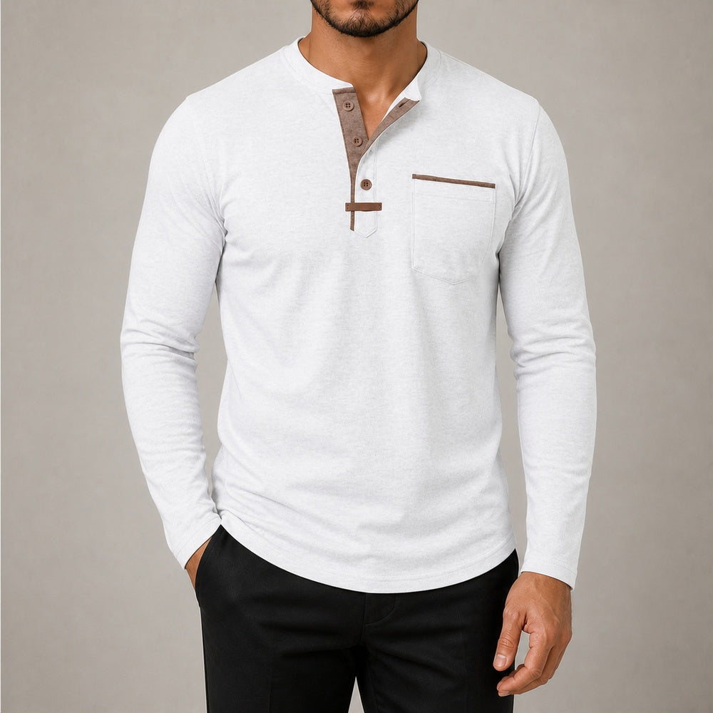 Harbor men's white contrast-trim long-sleeve Henley shirt on model, full-canvas view