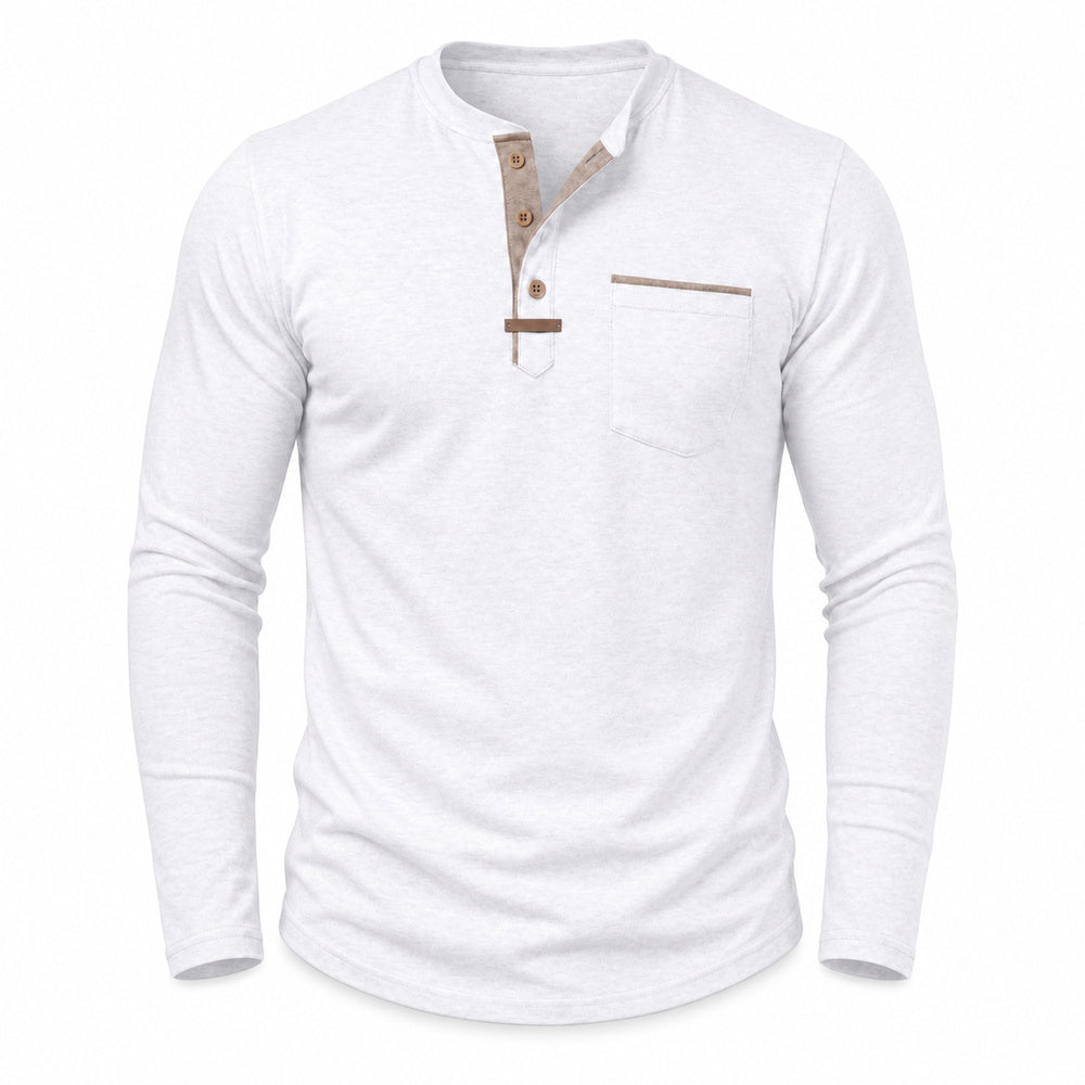 Harbor men's contrast-trim long-sleeve Henley shirt in White, model-free front view on white