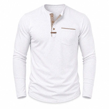 Harbor men's contrast-trim long-sleeve Henley shirt in White, model-free front view on white