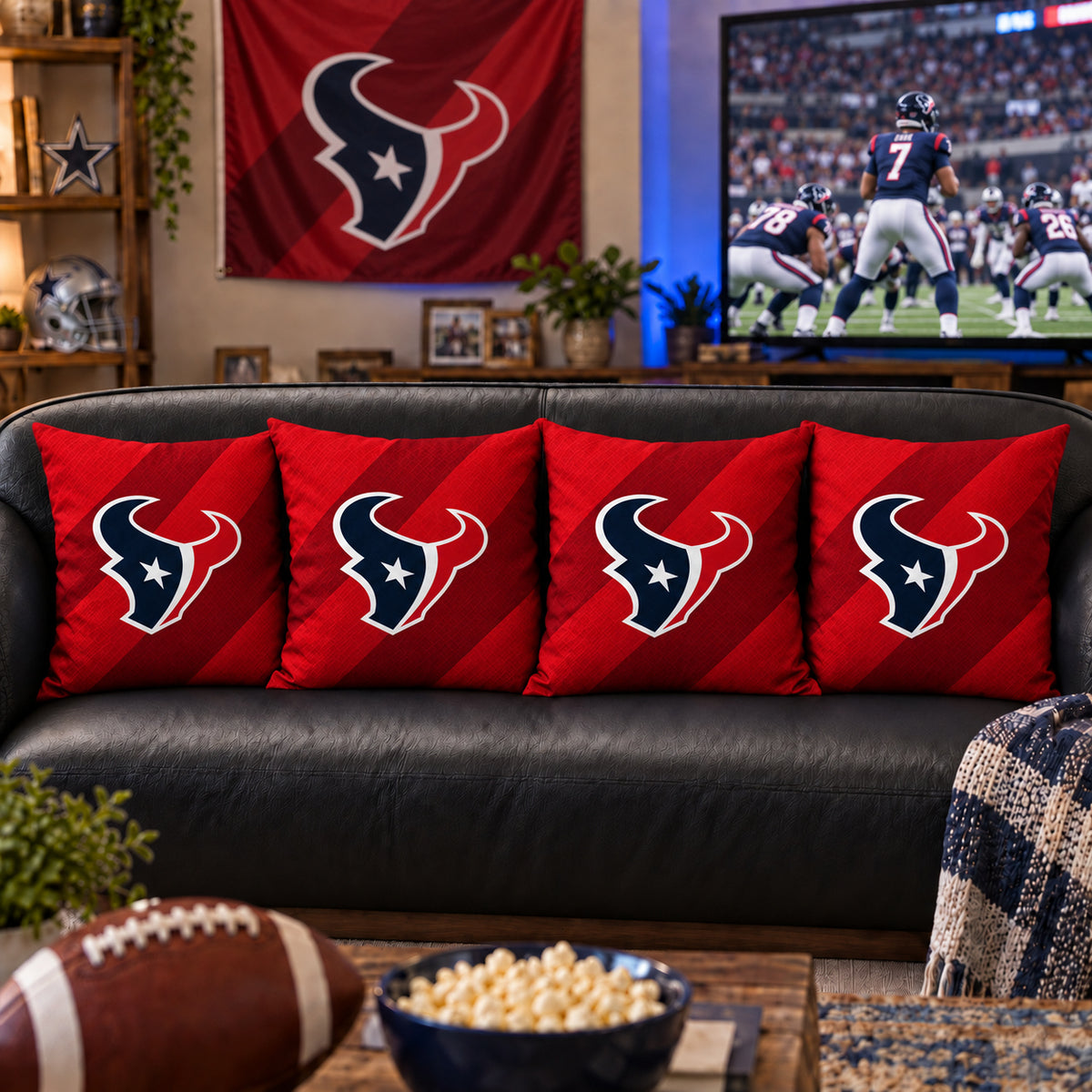 Matching Houston Texans sofa cushion covers shown in a living-room styling example