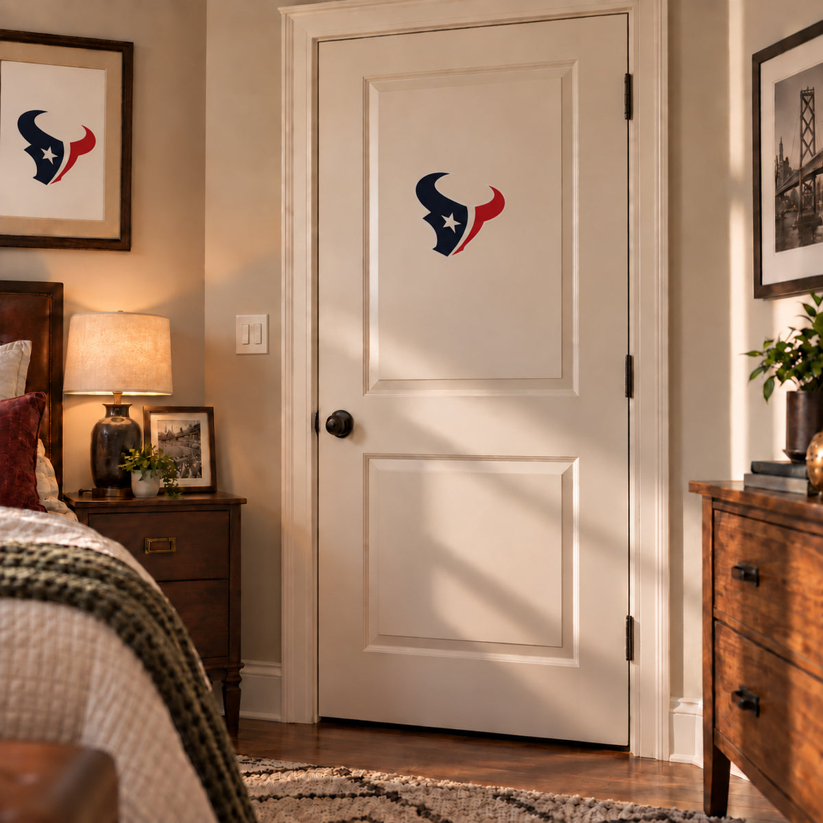 Houston Texans decorative sticker on an interior door, corrected 29 cm proportion