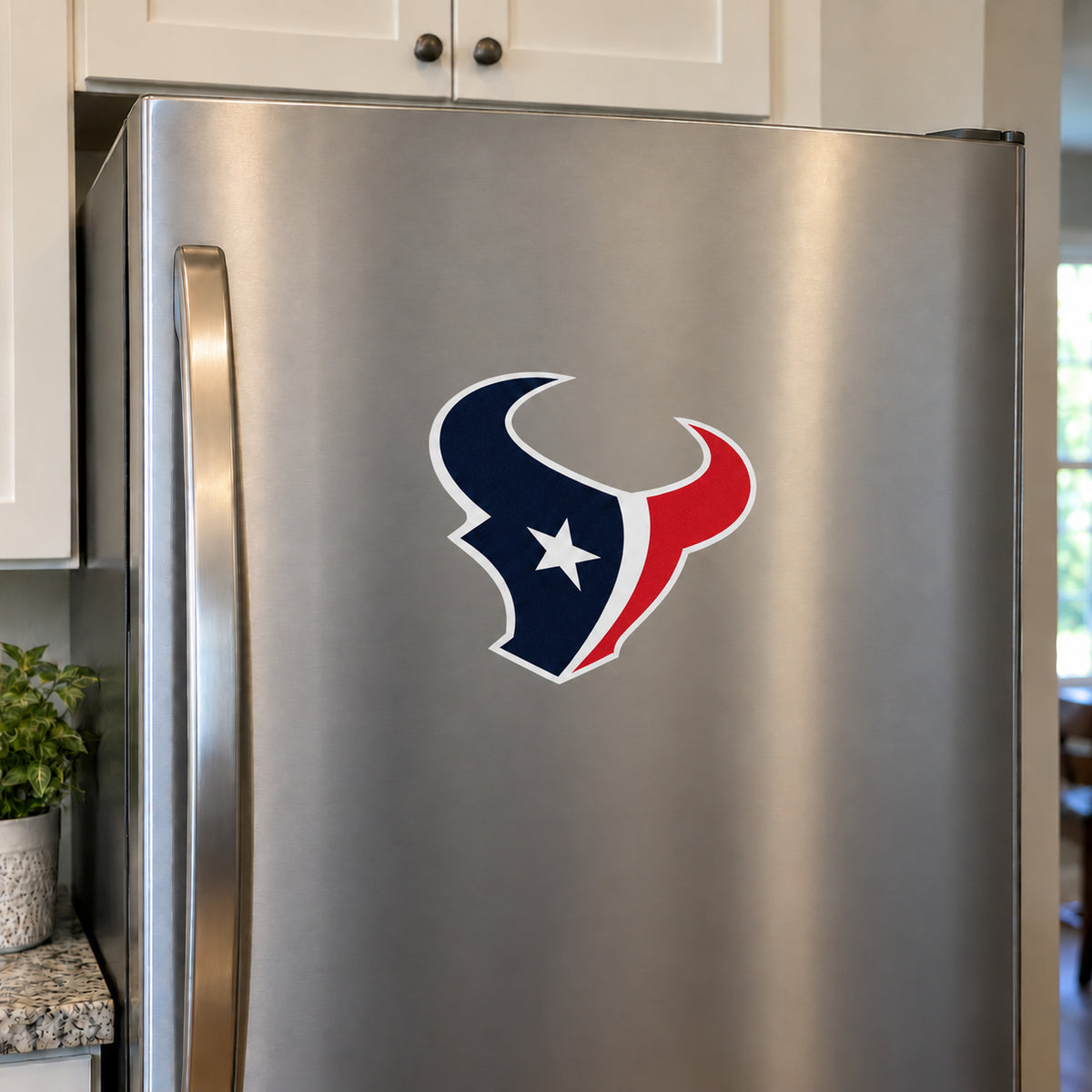 Houston Texans decorative sticker displayed on a stainless-steel refrigerator