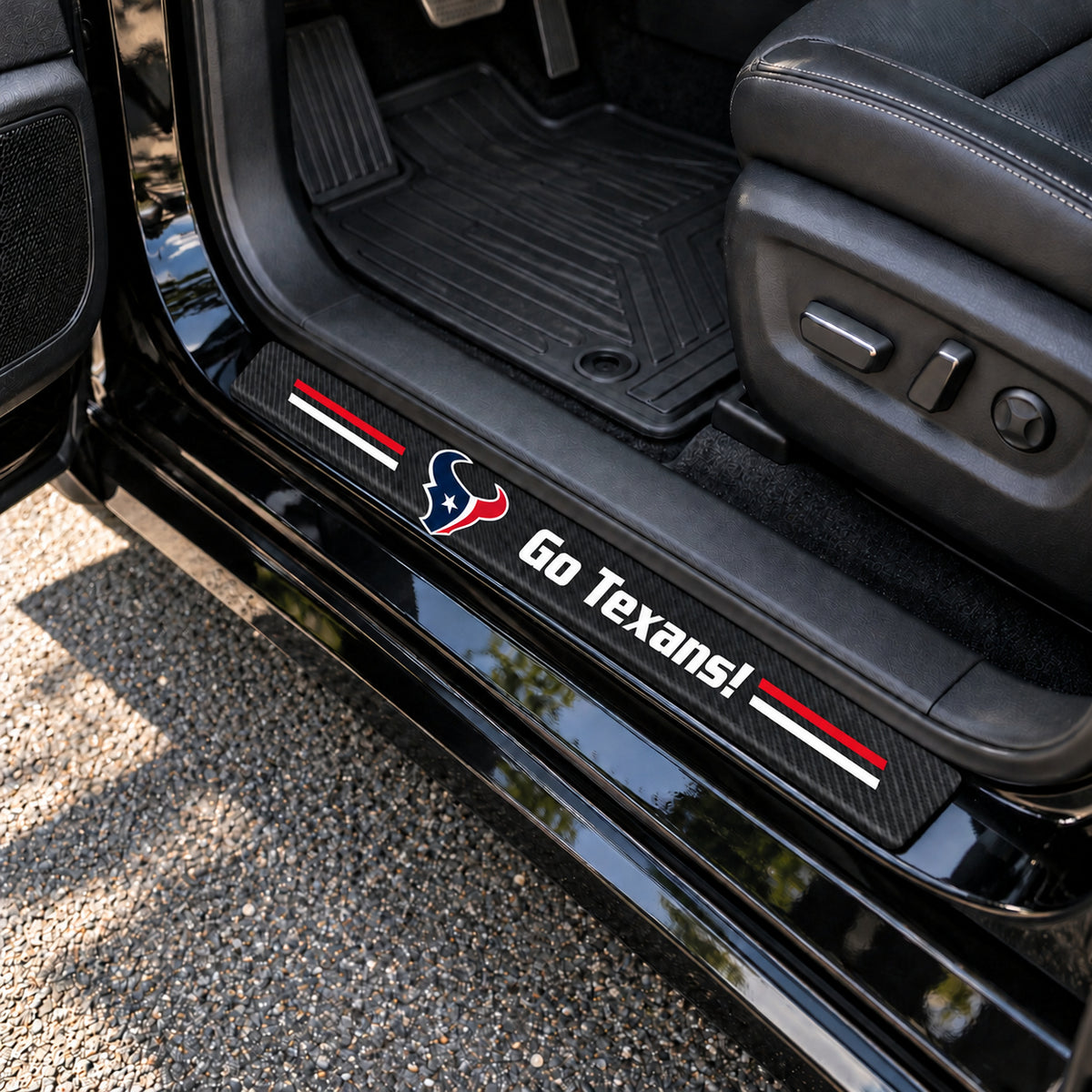 Houston Texans carbon fiber texture car door sill protector strips installed on a black car