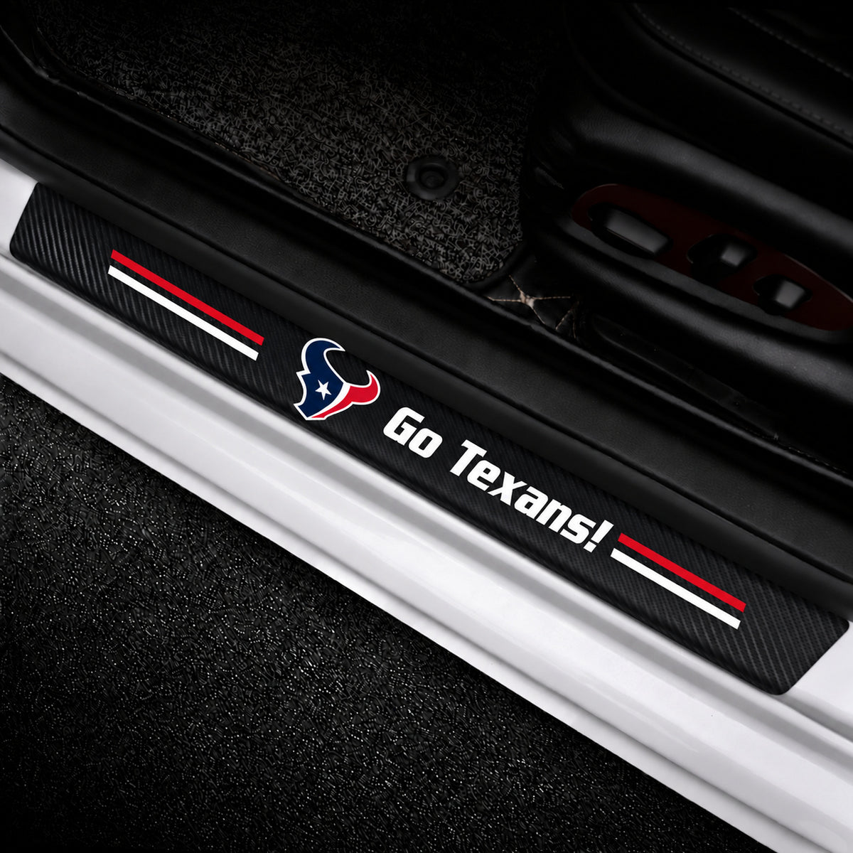 Houston Texans car door sill protector strips — vehicle installation view