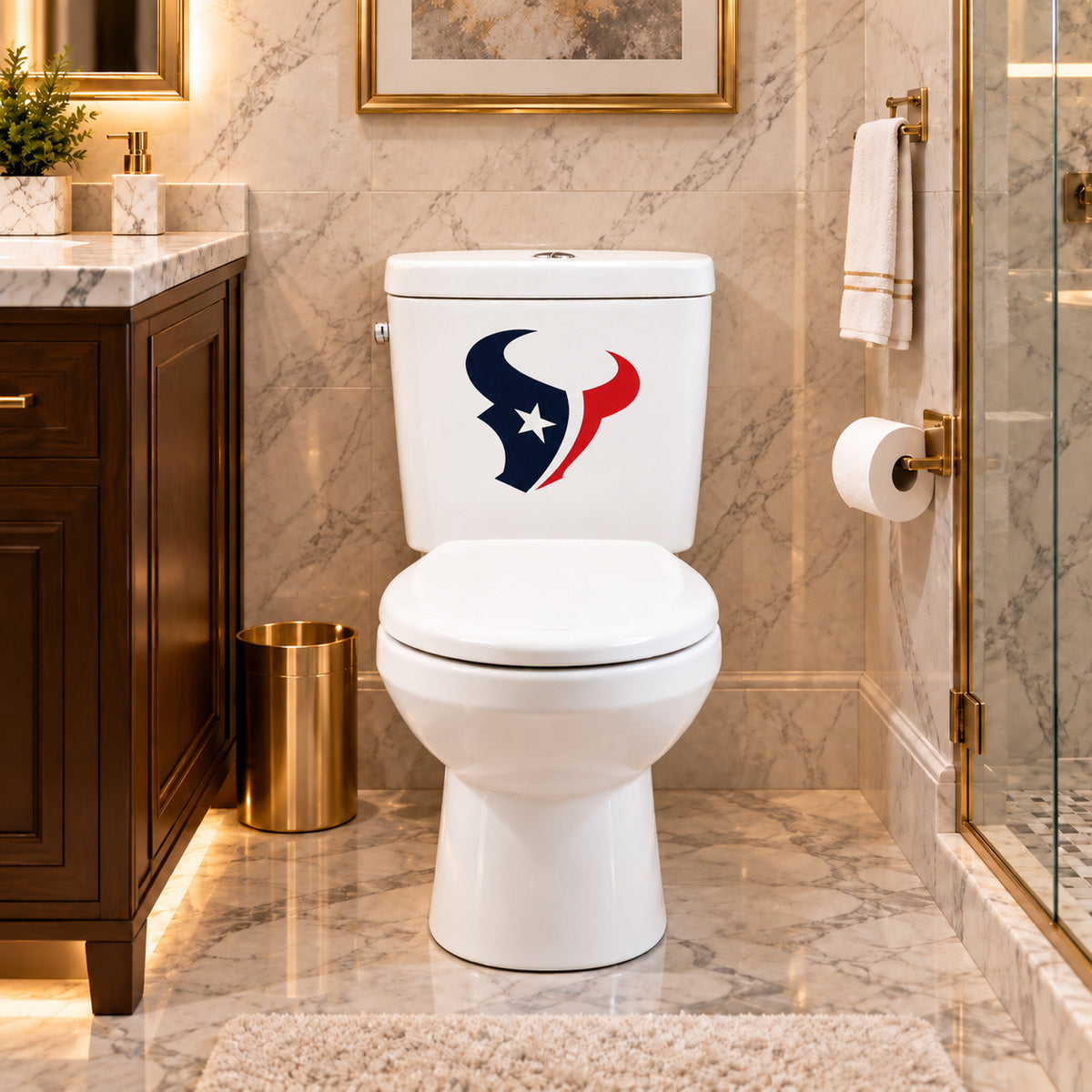Houston Texans decorative sticker on a white toilet tank in a marble bathroom