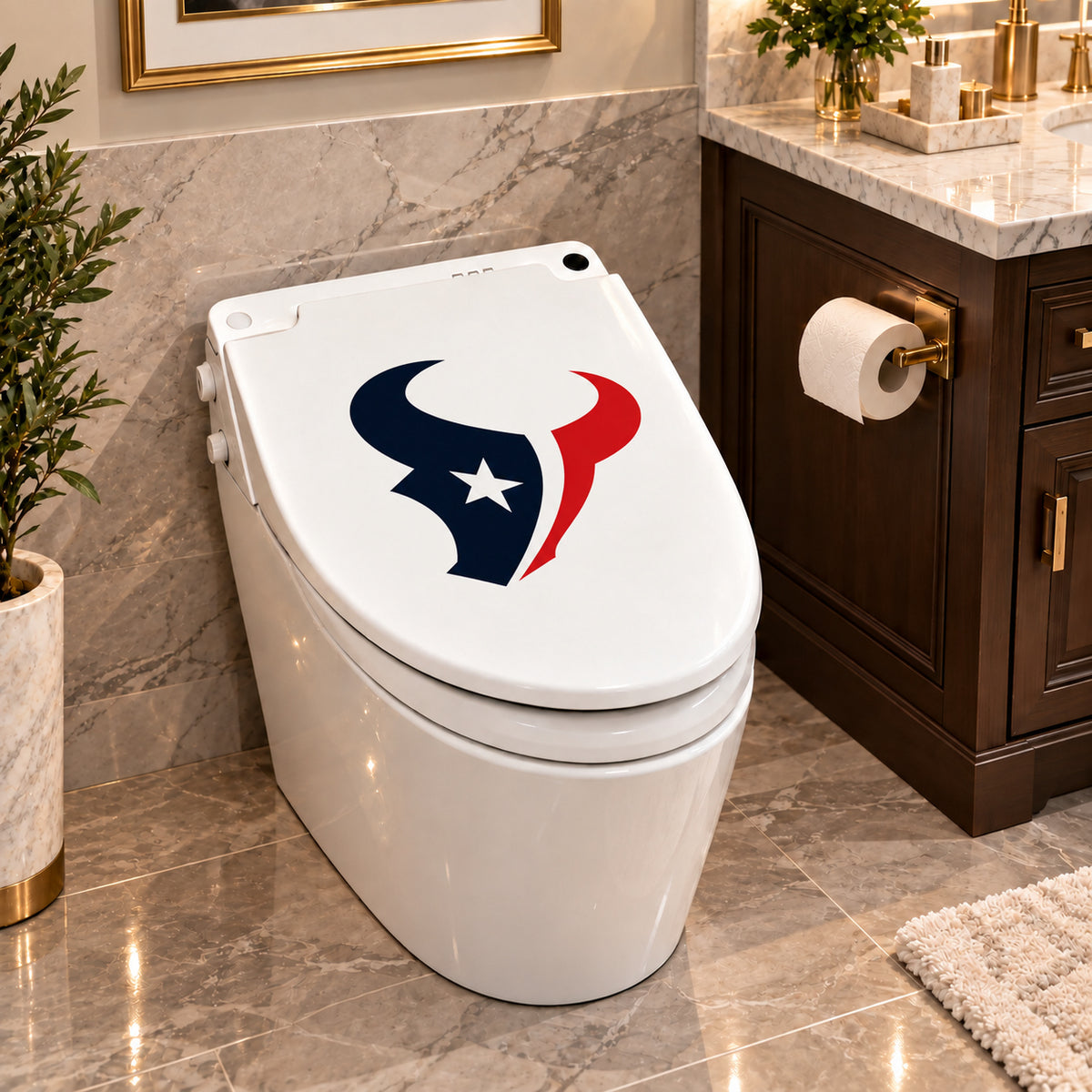 Houston Texans decorative sticker on a closed white toilet lid in a marble bathroom