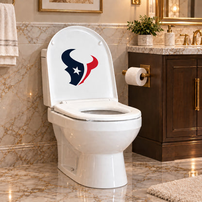 Houston Texans decorative sticker on the inside of a white toilet lid in a marble bathroom