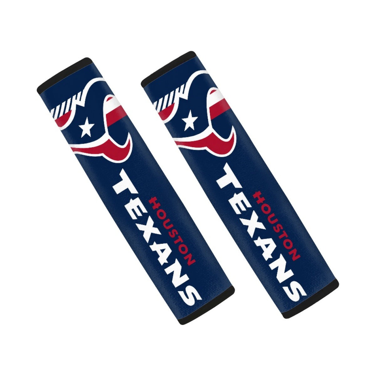 Pair of Houston Texans seat belt and backpack shoulder strap covers on a white background