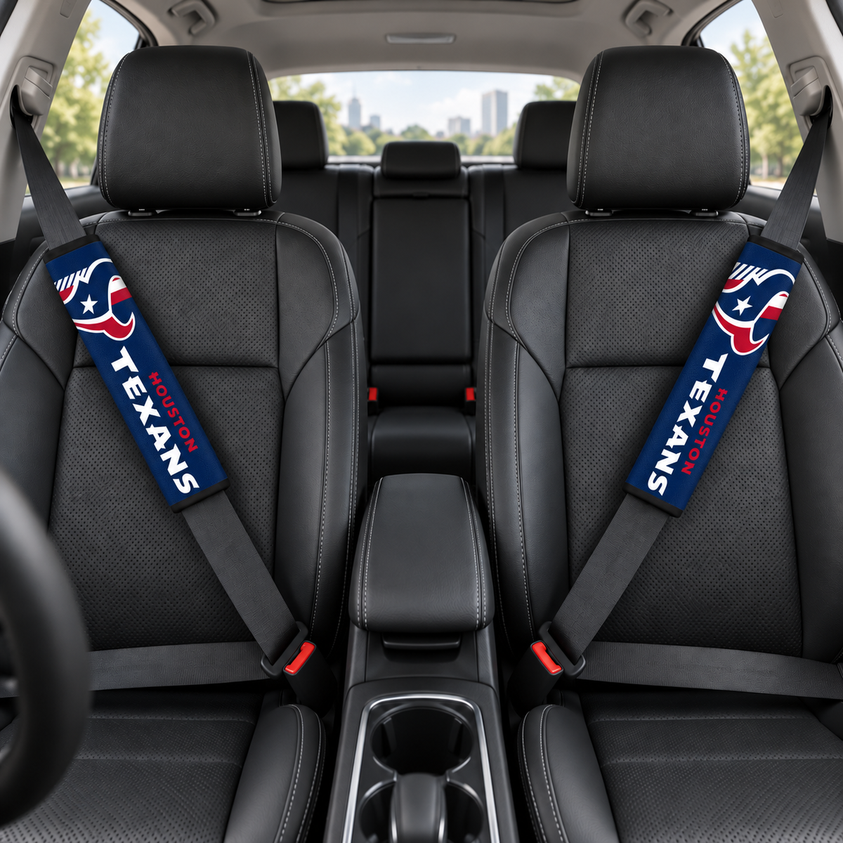 Houston Texans car seat belt covers shown on two front seat belts