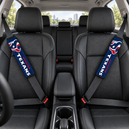 Houston Texans car seat belt covers shown on two front seat belts