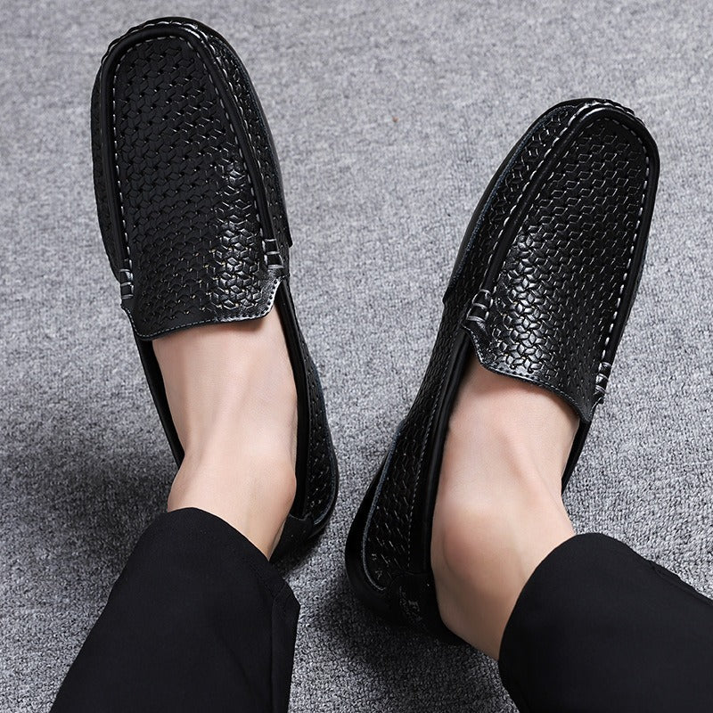 Hollow breathable slip-on driving leather shoes - Bellkmart