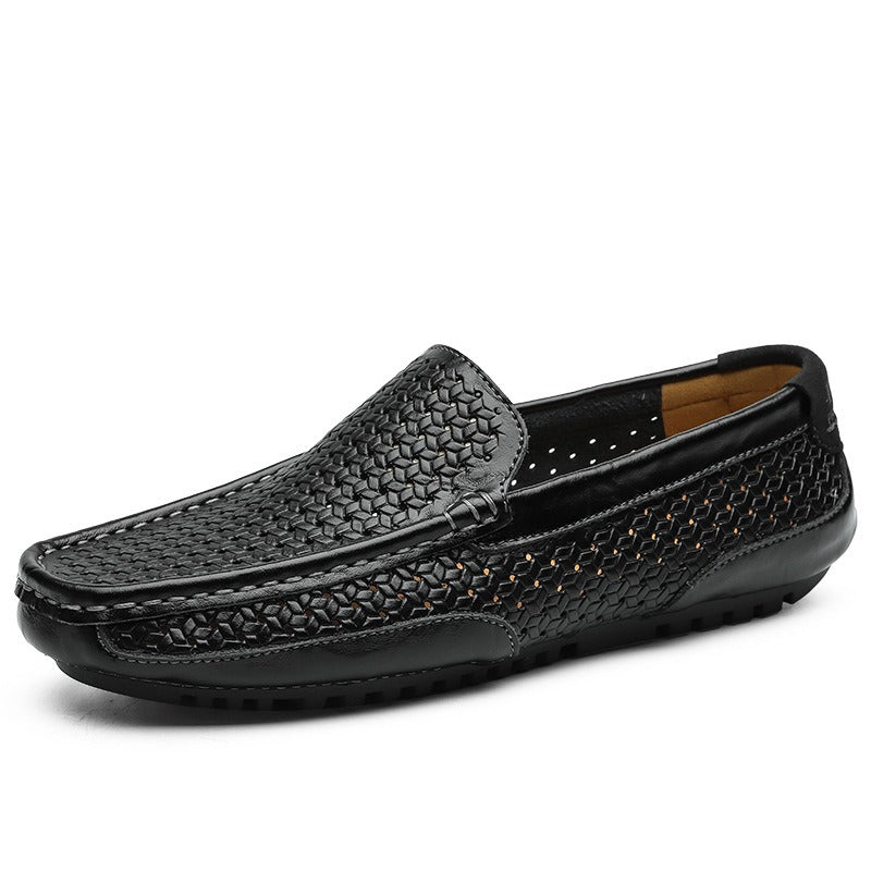 Hollow breathable slip-on driving leather shoes - Bellkmart