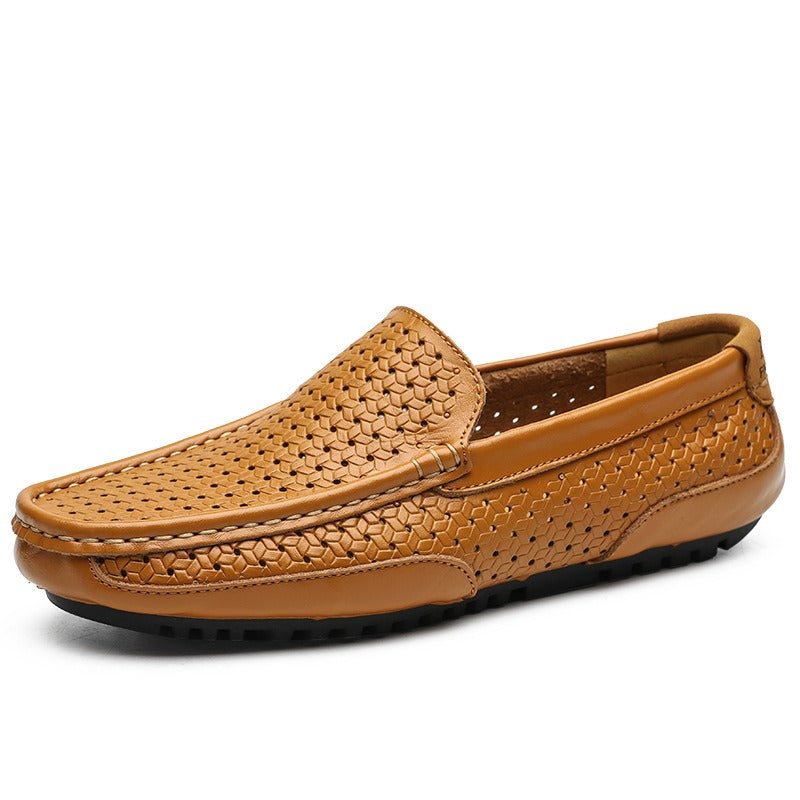 Hollow breathable slip-on driving leather shoes - Bellkmart