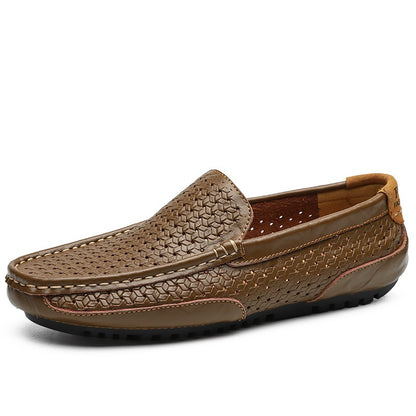 Hollow breathable slip-on driving leather shoes - Bellkmart