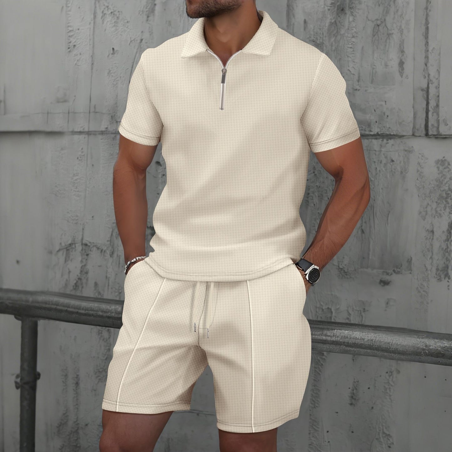Men's Quarter Zip Polo & Shorts Set - Textured 2-Piece Casual Tracksuit - Bellkmart