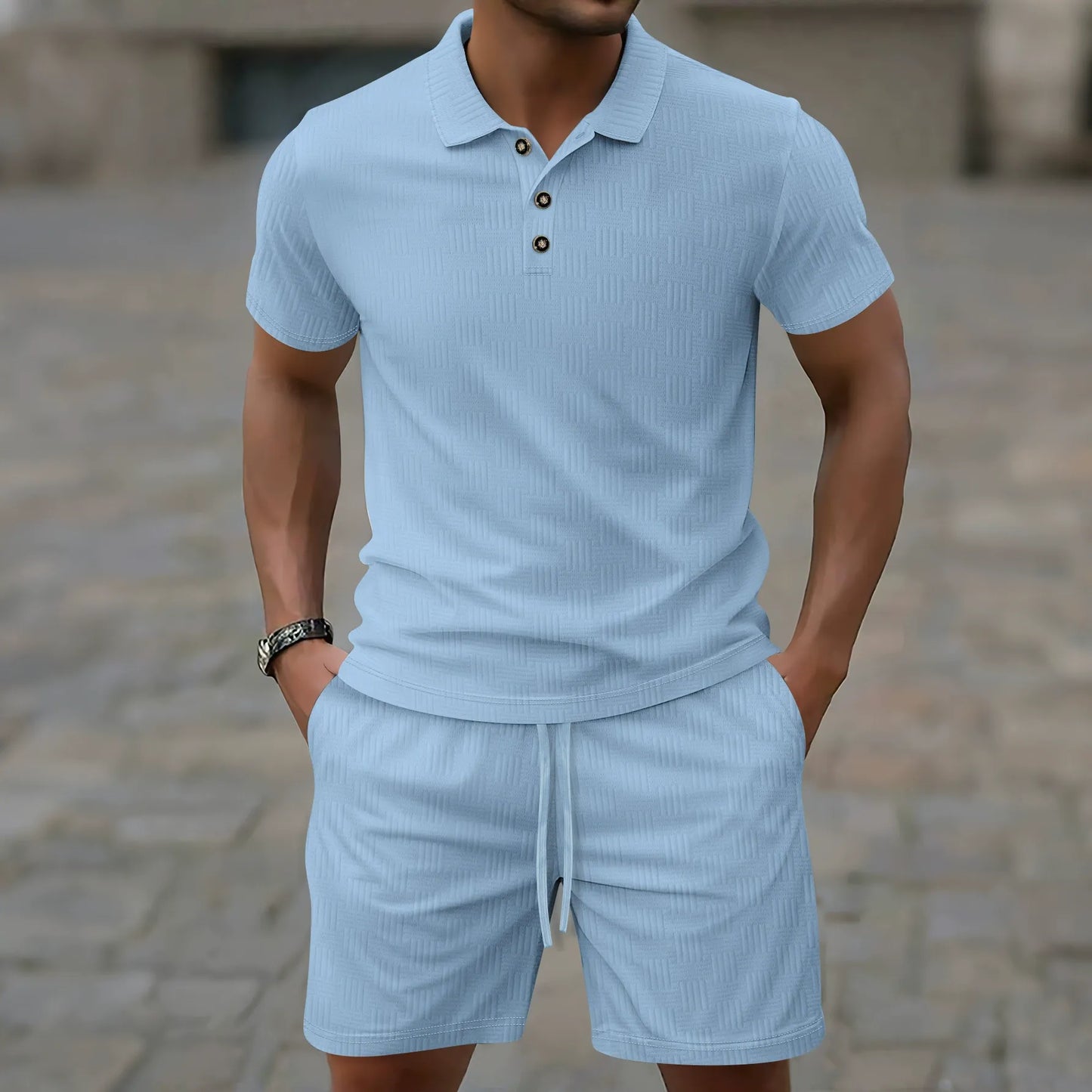 Solid color lapel button short polo suit - Bellkmart