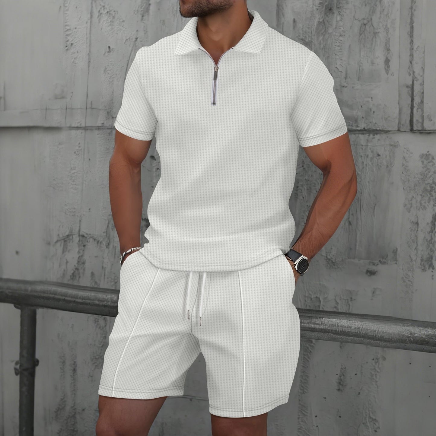 Men's Quarter Zip Polo & Shorts Set - Textured 2-Piece Casual Tracksuit - Bellkmart