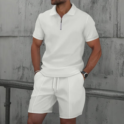 Men's Quarter Zip Polo & Shorts Set - Textured 2-Piece Casual Tracksuit - Bellkmart