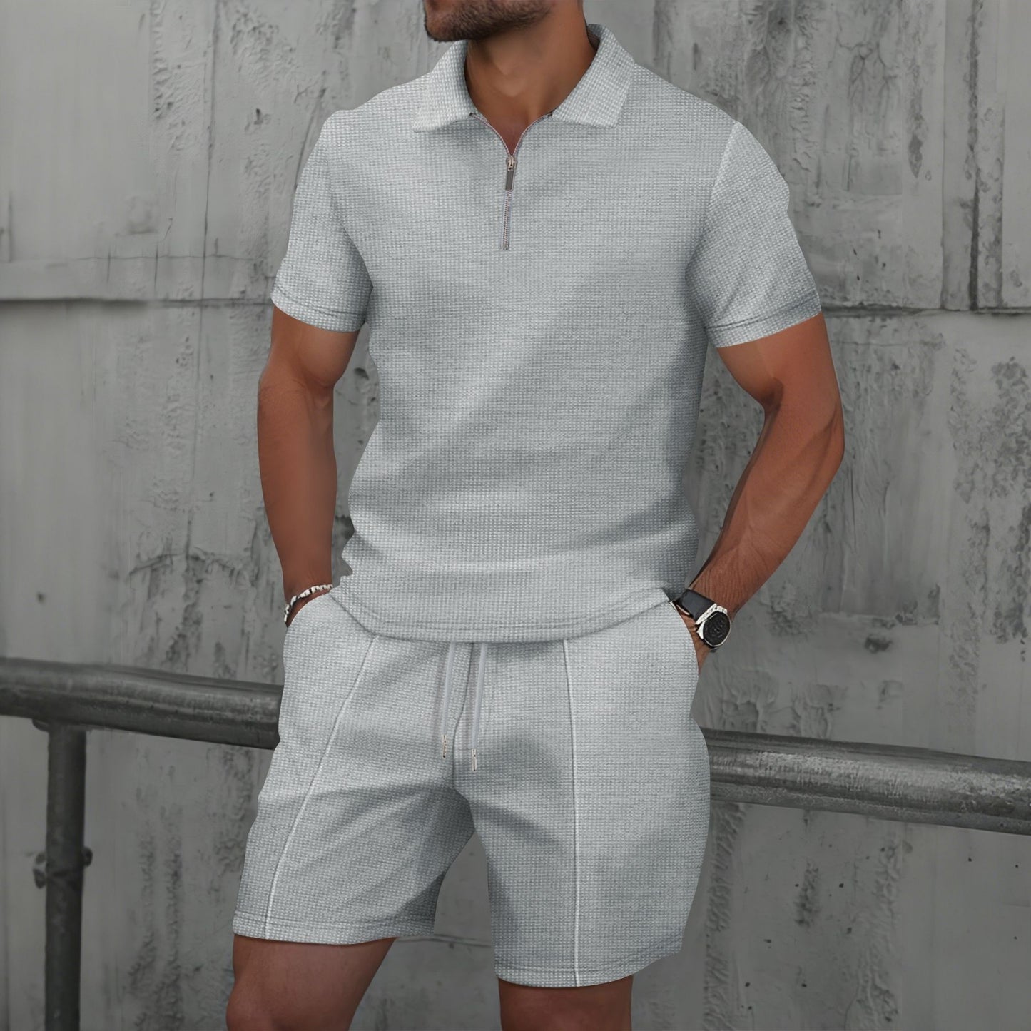 Men's Quarter Zip Polo & Shorts Set - Textured 2-Piece Casual Tracksuit - Bellkmart