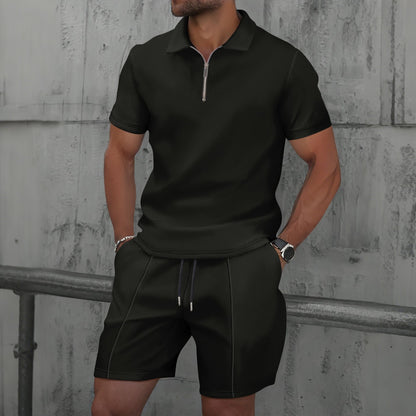 Men's Quarter Zip Polo & Shorts Set - Textured 2-Piece Casual Tracksuit - Bellkmart
