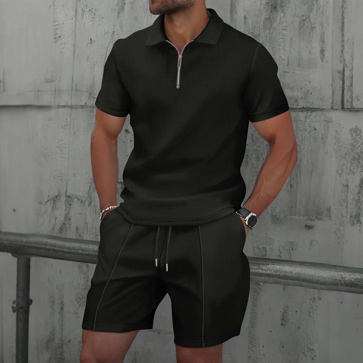 Men's Quarter Zip Polo & Shorts Set - Textured 2-Piece Casual Tracksuit - Bellkmart