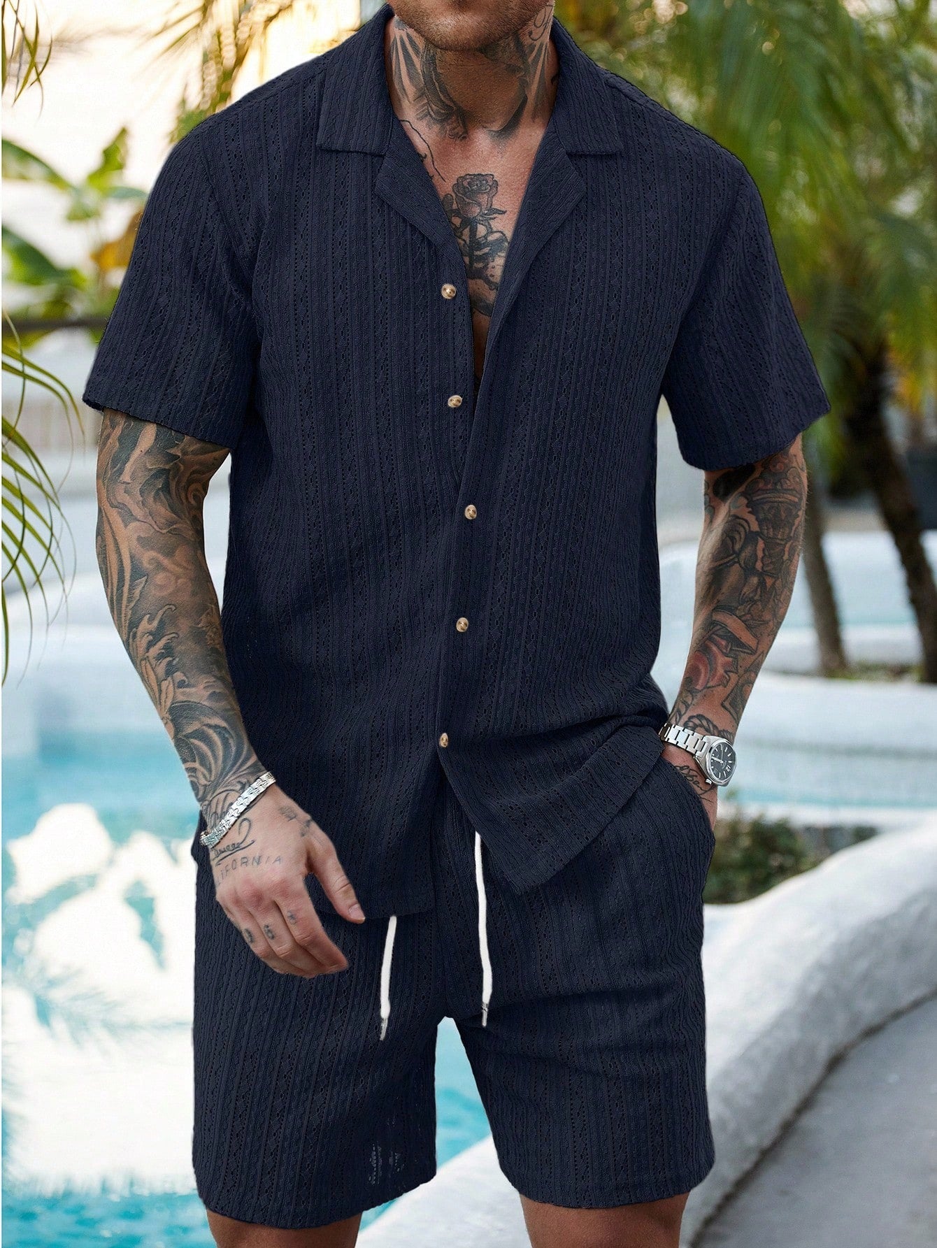 Hollow-out breathable short-sleeved two-piece set - Bellkmart