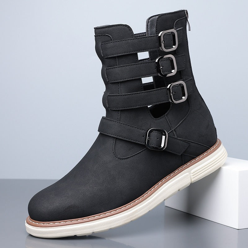 Simple hollow Daily Leather Comfy Boots - Bellkmart
