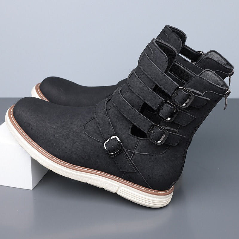 Simple hollow Daily Leather Comfy Boots - Bellkmart