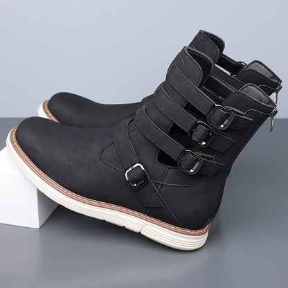 Simple hollow Daily Leather Comfy Boots - Bellkmart