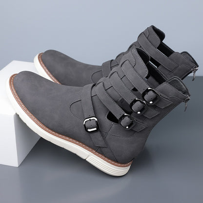 Simple hollow Daily Leather Comfy Boots - Bellkmart