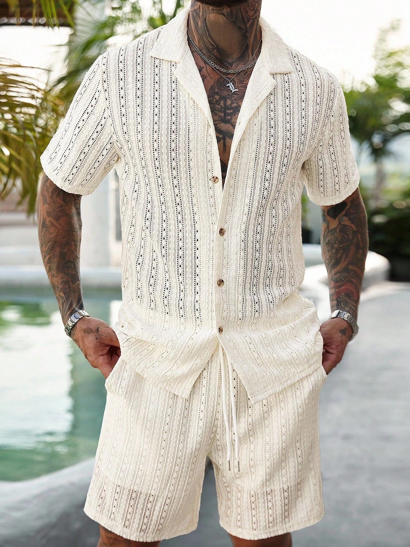 Hollow-out breathable short-sleeved two-piece set - Bellkmart
