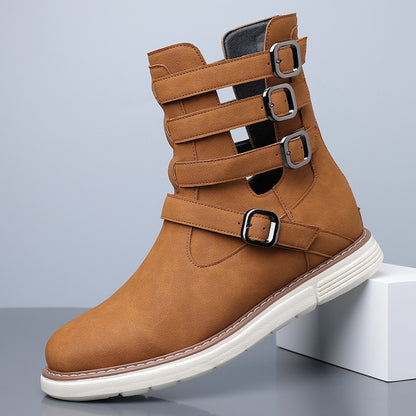 Simple hollow Daily Leather Comfy Boots - Bellkmart
