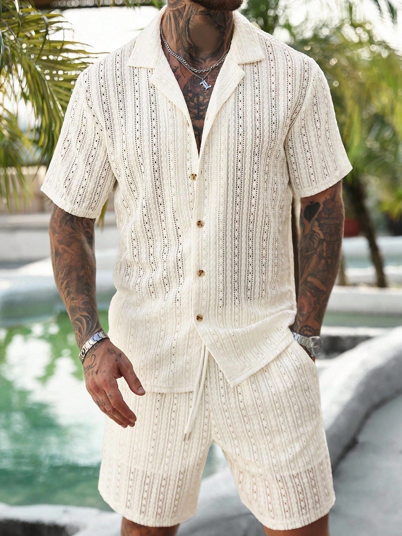 Hollow-out breathable short-sleeved two-piece set - Bellkmart