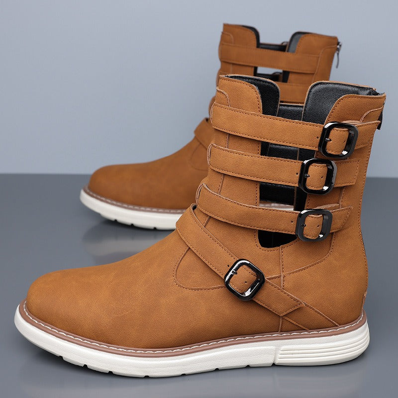 Simple hollow Daily Leather Comfy Boots - Bellkmart