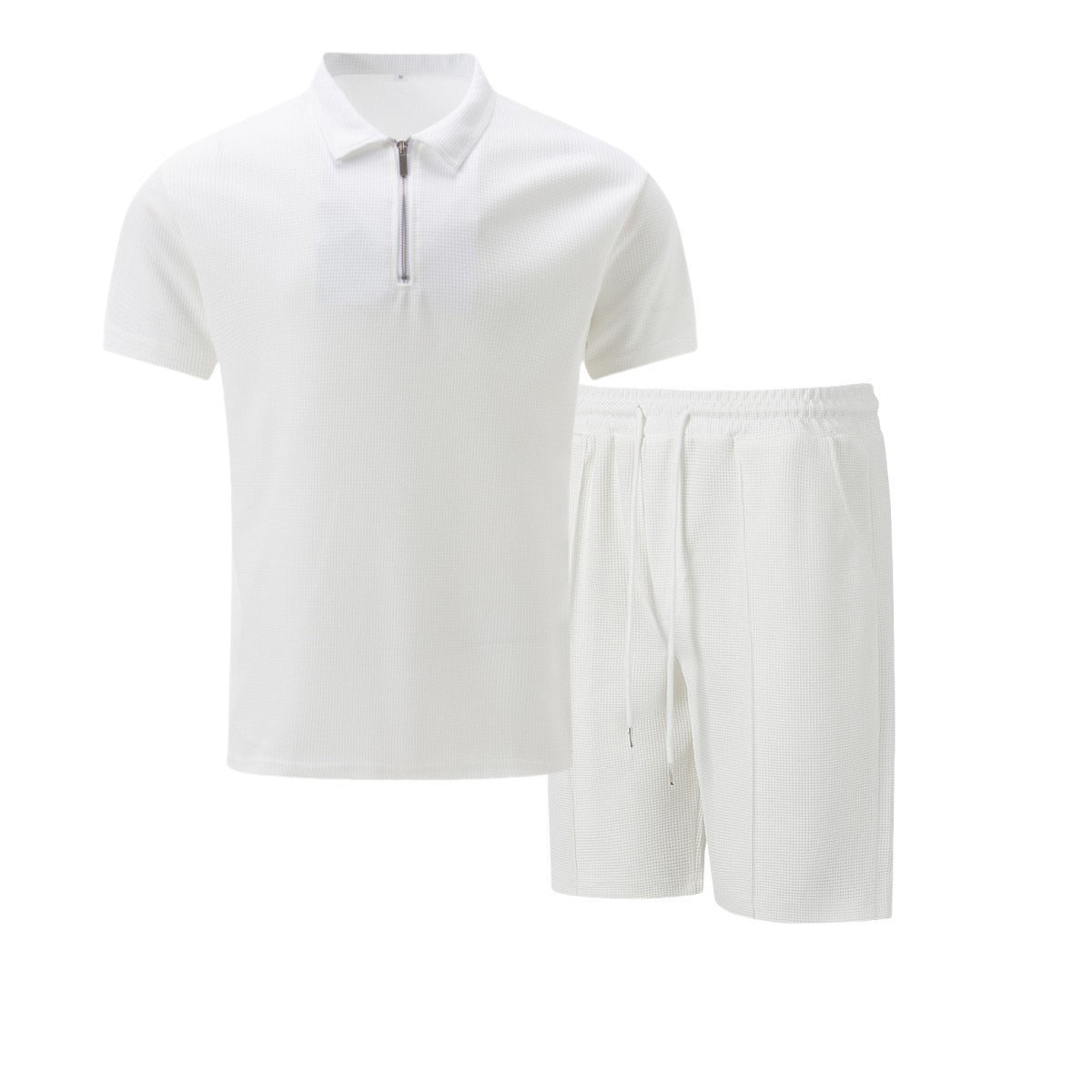 Men's Quarter Zip Polo & Shorts Set - Textured 2-Piece Casual Tracksuit - Bellkmart